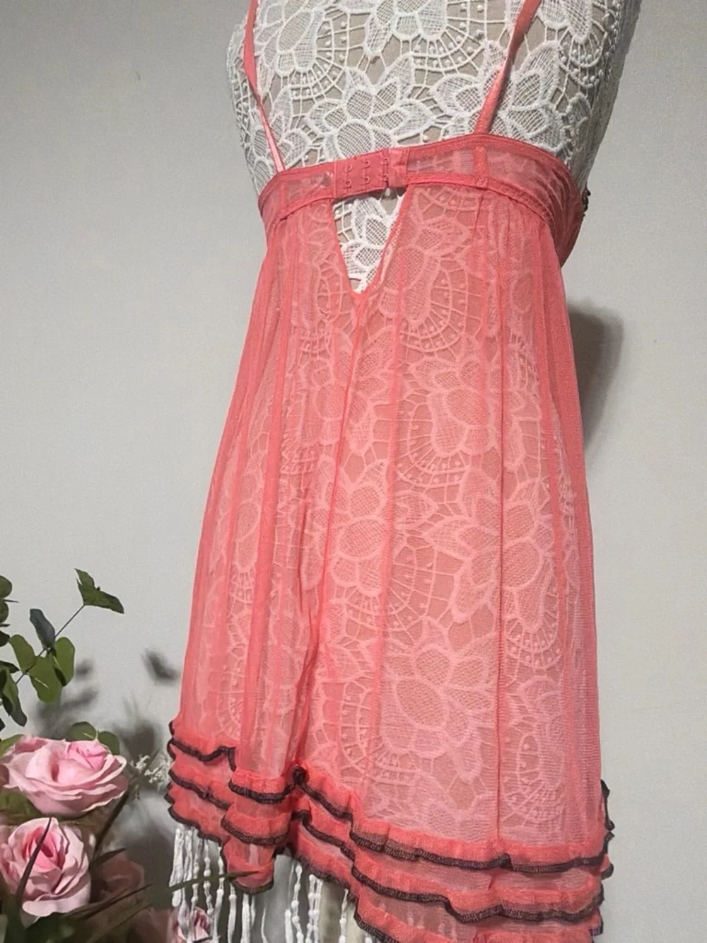 & Other Stories Coral Lace Babydoll Chemise with Black Trim